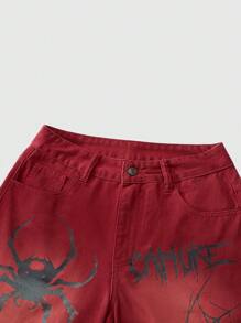 ROMWE Goth 大码女式街头时尚休闲蜘蛛印花牛仔短裤 - 紅色 - 查看 3