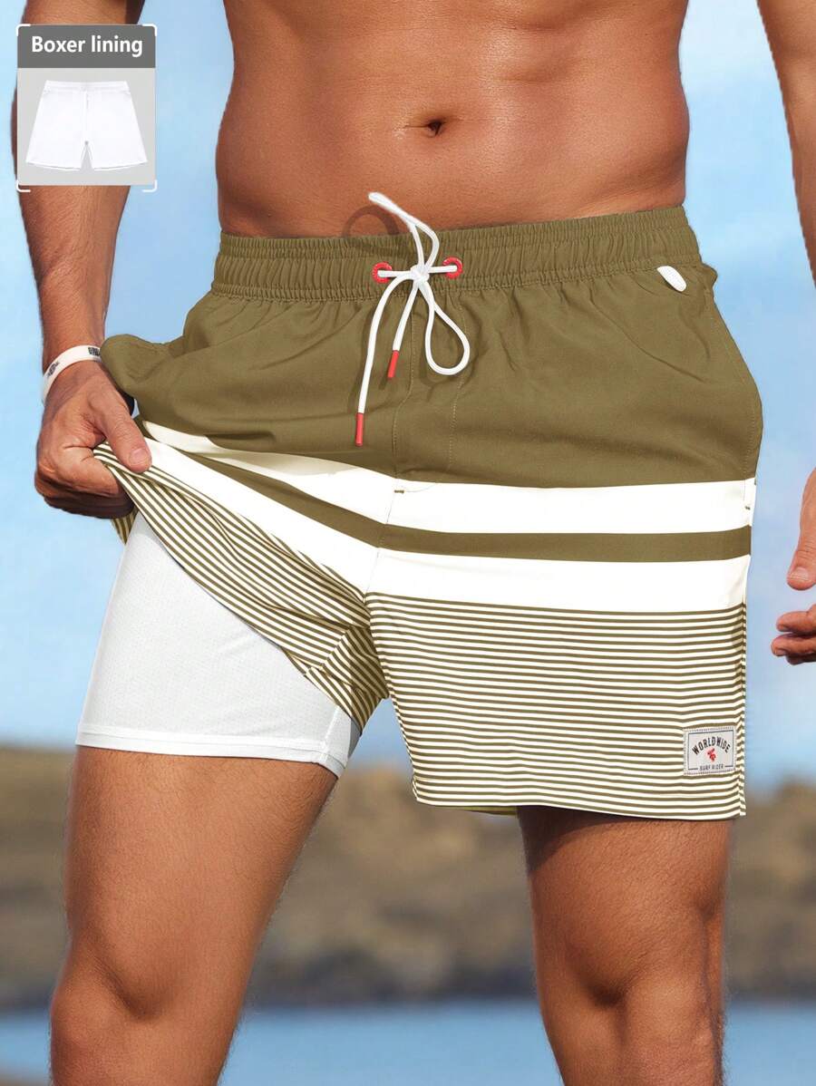 Surfspeed Pantalones cortos de playa holgados con rayas para hombre, estilo de vacaciones - Mostaza Amarilla - Ver 1