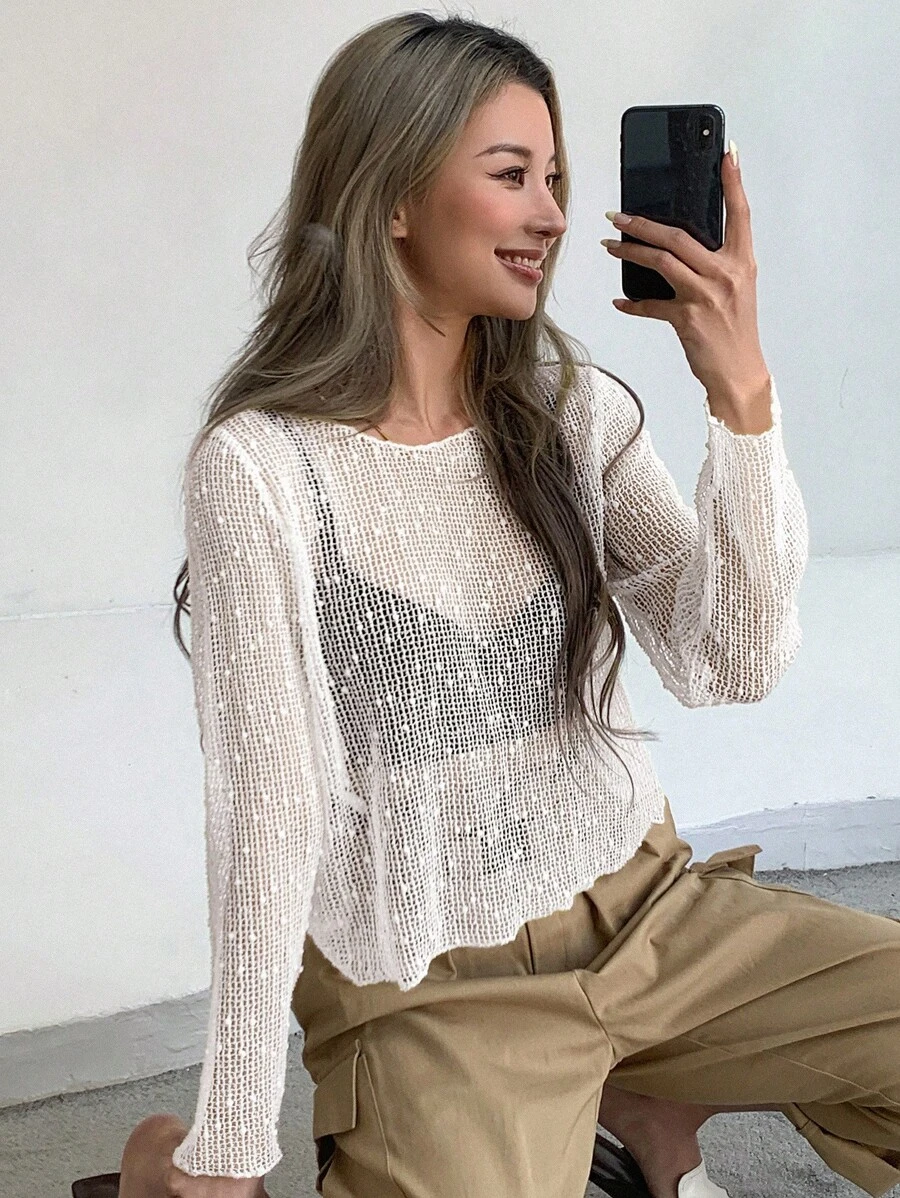DAZY Solid Sheer Mesh Top Without Bra Going Out Tops Festival Long Sleeve Women Tops - White - View 1