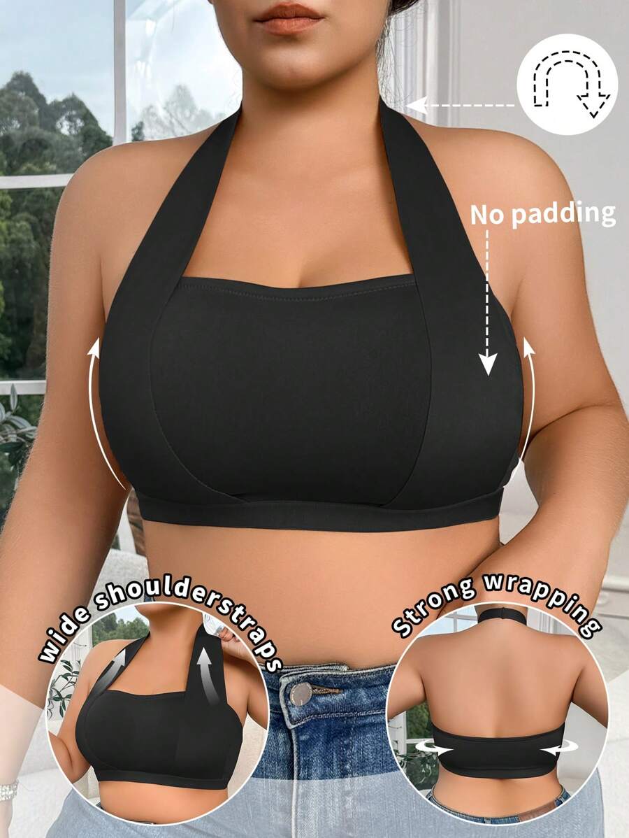 SHEIN 1 件大码女士无钢圈简约舒适文胸 - 黑色 - 查看 1