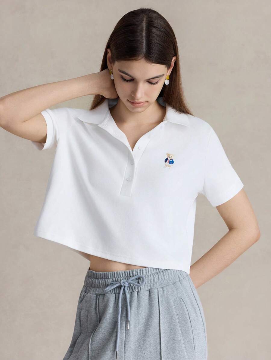 Briarwyn Áo thun polo cổ bẻ tay ngắn màu trơn đơn giản cho nữ Áo phông họa tiết phong cách Old Money cho nữ Quần áo trở lại trường