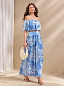 Chiquease 女士露肩花卉印花两件套，休闲假日 - 藍色 - 查看 6