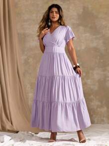 Roveilla Plus Size Women V-Neck Ruffle Trim Waisted Dress, Romantic, Elegant, High Quality, Long Length - Purple - View 3