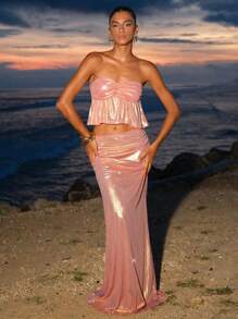 Opulessa Summer Beach Outfits Vacation Women's Beach Vacation Bandeau Top And Skirt 2 Pieces Set,Country Concert Outfit