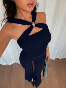 SHEIN Unity 低胸交叉金属扣性感紧身连衣裤 - 藏蓝色 - 查看 3