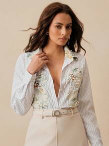 Anewsta Fashionable Commute Versatile Colorblock Embroidered & Rhinestone Detail Women Blouse - Black and White - View 5