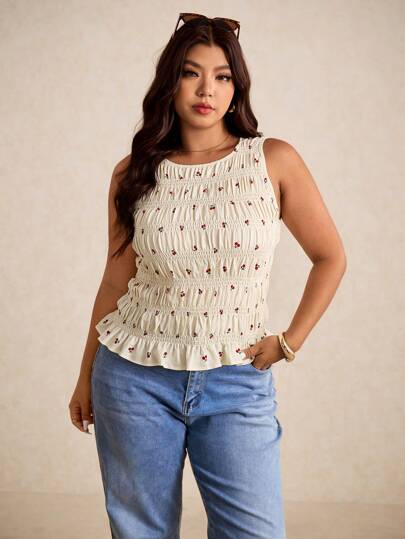 Elaquor Plus Size Cherry Print Casual Racerback Tank Top, Summer