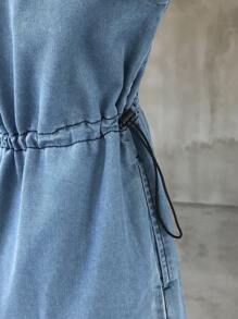 FRIFUL Damen Sommer lässiges Denim Kleid mit Tunnelzug in der Taille