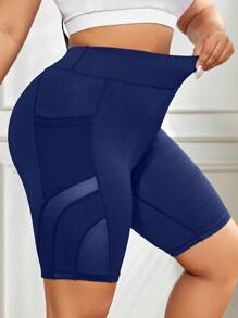 Easithlete Plus Size Sports Mesh Splicing Striped Shorts Workout Short - Navy Blue - View 3