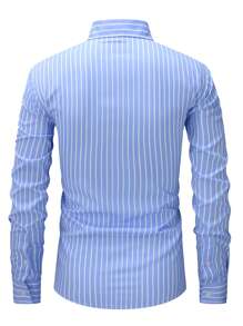 Manfinity Mode Men's Business Casual Blue Long Sleeve Striped Shirt, Nice Shirts For Men, For Fall - Baby Blue - View 2