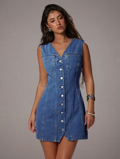 Avantive 全新夏季 V 领休闲 A 字型复古褪色浅色牛仔女式迷你牛仔连衣裙