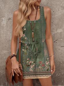 SHEIN LUNE 女士休闲绿色花卉印花短裙，适合春夏季度假