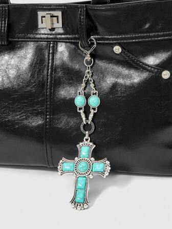 Grunge Punk 1 pieza Llavero/Accesorio para bolso vintage hecho a mano con turquesa azul-verde en estilo punk de la cruz