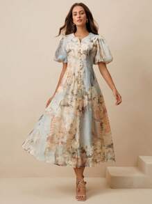 Anewsta 女士优雅时尚泡泡袖珍珠纽扣 V 领花卉印花 A 字连衣裙 - 藍色 - 查看 3