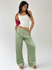 Easelle 女士休闲水洗棉低腰直筒长裤，绿色 - 綠色 - 查看 5
