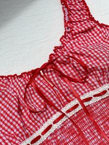 Comfortcana Women's Vacation Shirred Lace Up Plaid Patchwork Tank Top - Red and White - View 6
