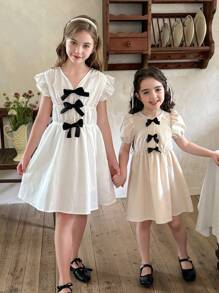LMoss Kids Tween-Mädchen Einfarbiges, figurbetontes Lässig Kleid mit V-Ausschnitt - Weiss - Übersicht 8