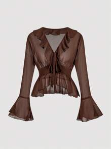 SHEIN MOD Camisa marrón con cuello en V, mangas acampanadas con volantes, cintura ajustada y cordones