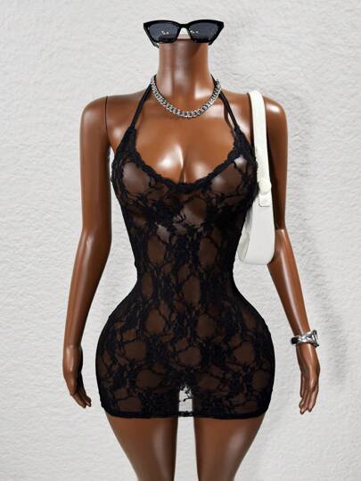 Mistrie Summer New Women's Sexy Black Lace Halter Tight See-Through Mini Dress