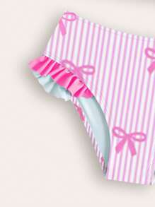SHEIN GraphicGems Conjunto de bikini con volantes y estampado de lazos a rayas para niñas, traje de baño de dos piezas de verano para niñas