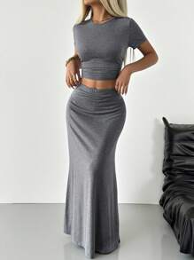 SHEIN EZwear Stockholm Style Airport Outfit For Women Relaxation And Leisure Simple Suit Grey Knitted Women's Bodycon Office Wear Suit Woman Summer Clothes Two Pieces Set Women Skirt 2 Pieces Long Skirt Set Maxi Skirt Two Pieces Set - Dark Grey - View 5