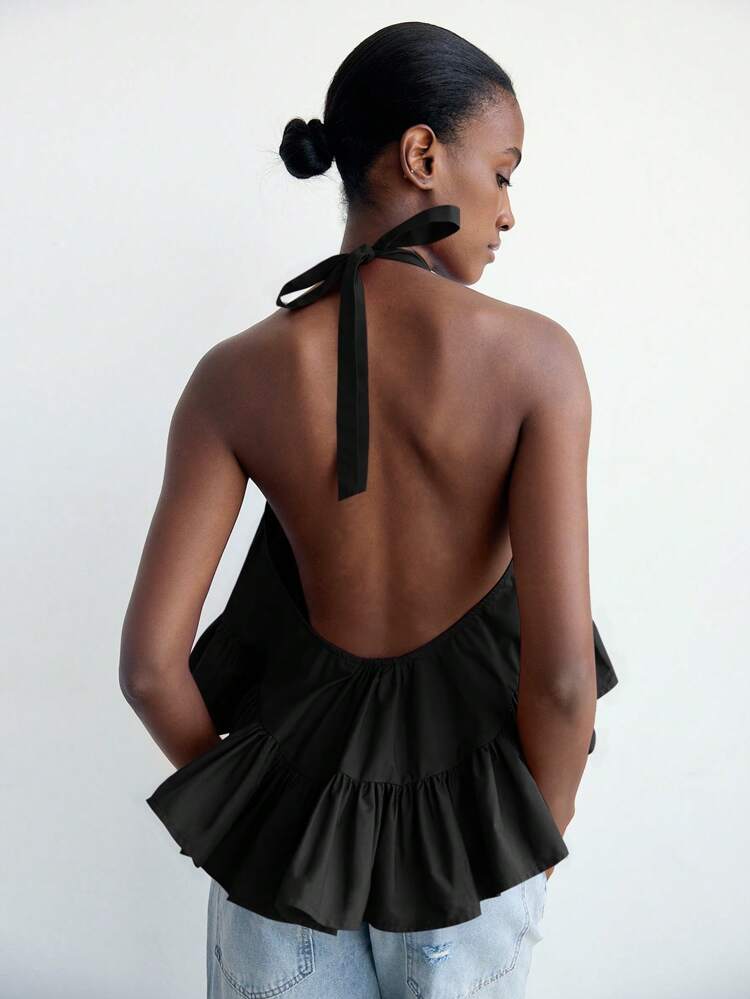 SHEIN Maija Black Halter Backless Ruffle Hem Loose Summer Urban Style Women's Top, Versatile For Business Casual, Vacation, Wedding Guest, Strapless