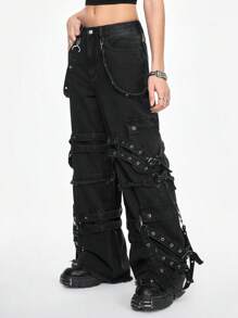 ROMWE Grunge Punk Luźne, szerokie nogawki jeansów w stylu casual punk street z metalowymi ozdobami z taśmy dla kobiet