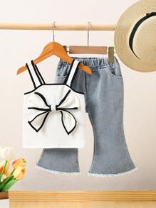 2 Peças Conjunto de Top e Calça com Estampa de Laço Fofo de Verão para Menina Bebê, Listrado Azul e Branco Combinando com a Família, Roupas Casuais para Férias ao Ar Livre para Menina Bebê - Multicolorido - Visão 1