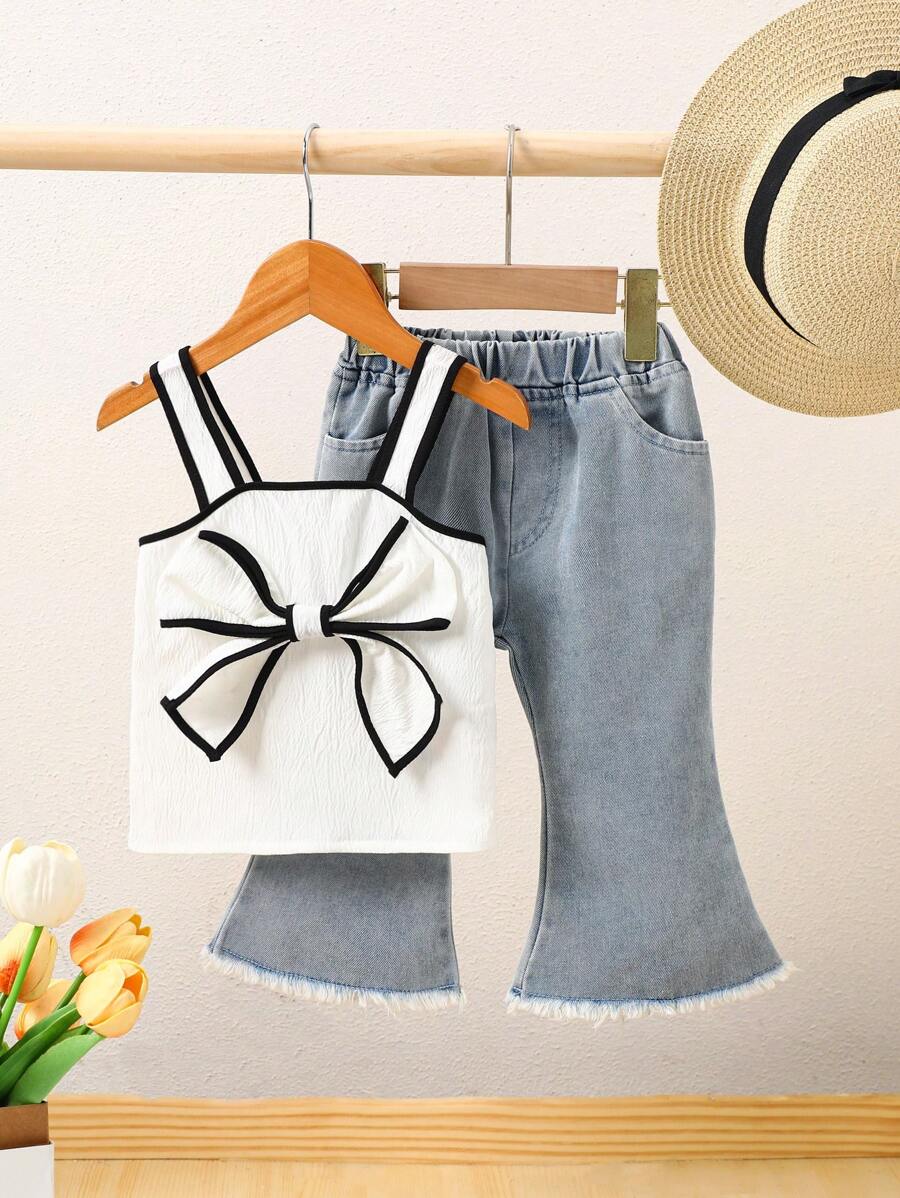 2 Peças Conjunto de Top e Calça com Estampa de Laço Fofo de Verão para Menina Bebê, Listrado Azul e Branco Combinando com a Família, Roupas Casuais para Férias ao Ar Livre para Menina Bebê - Multicolorido - Visão 1