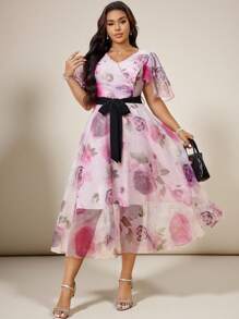 Modelyn Plus Size Floral Print V-Neck Belted Short Sleeve Elegant Dress