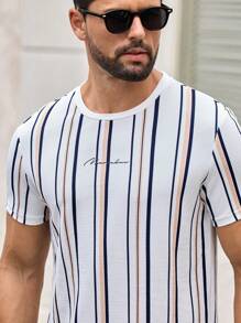 Manfinity VCAY Men Letter Graphic Striped Tee, Summer - White - View 4