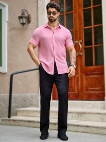 Manfinity BRENVOR Áo sơ mi Nam Nút phía trước màu trơn Giải trí - Hồng - Xem 2