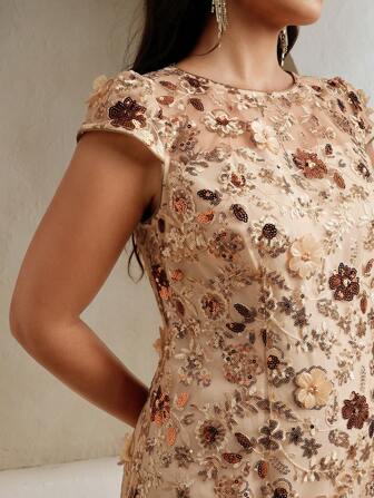 Anewsta Vestido corto de manga corta elegante con flores, malla y lentejuelas en color champán, de alta calidad para festivales, uso vacacional, primavera y verano para mujer