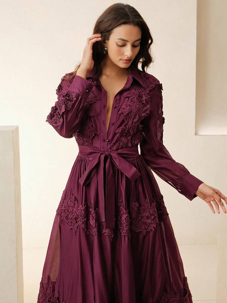 Conjunto de 2 Peças Elegante de Moda para Mulheres: Blusa com Recorte de Renda Floral Vazada e Saia Longa com Bainha de Renda Floral e Cintura com Laço