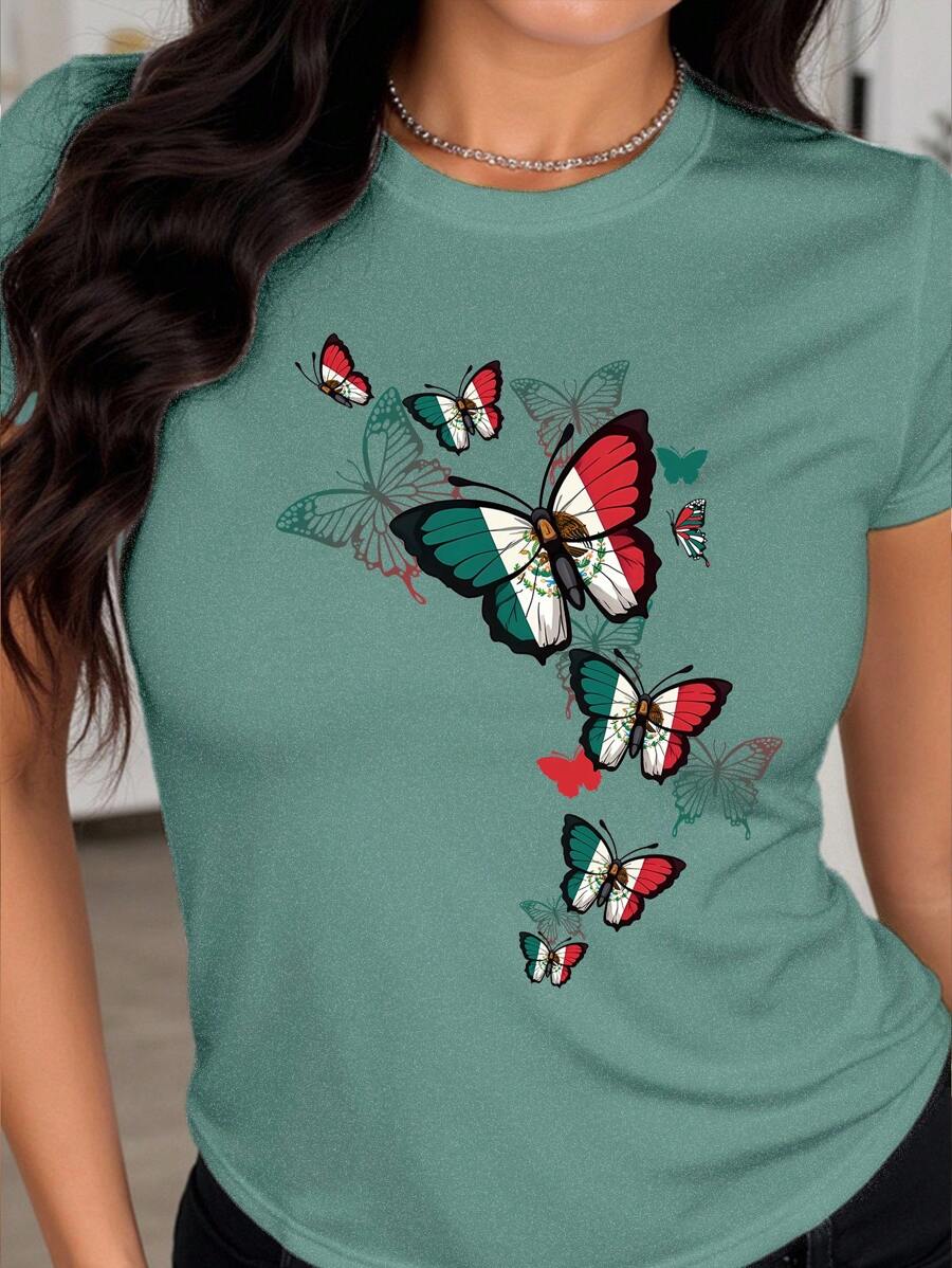 INAWLY Mexico Flag Butterfly Pattern Women Short Sleeve Crew Neck T-Shirt - Green - View 1