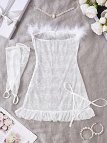 DelicateAllure 4 Pieces Set Lace & Faux Fur Trim Sexy Slip Dress, Elegant For Women, Valentine's Day Bridallingerie Summer Babydoll Dress  Cozy And Elegant Details - White - View 2