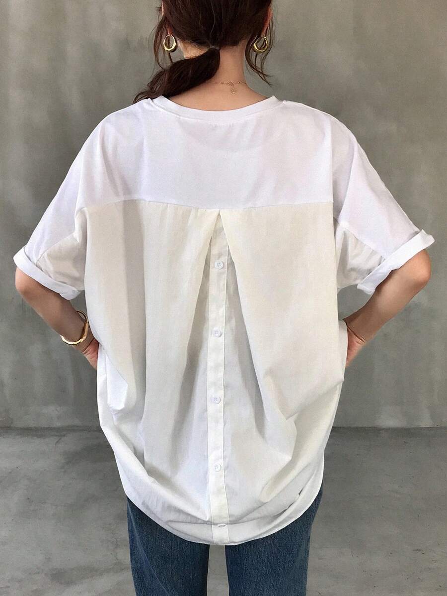 FRIFUL 女士休闲撞色拼接蝙蝠袖 T 恤，夏季 - 白色 - 查看 1