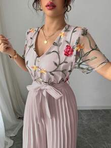 Elenzga 女士优雅刺绣短袖腰褶连体裤