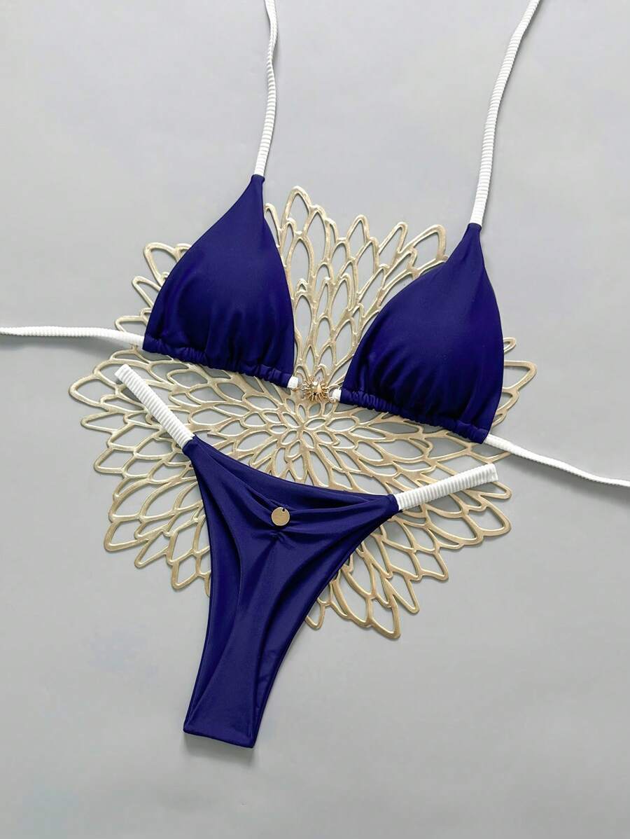 Swim Mod Women's New V-Neck Metal Decor Solid Color Halter Backless Triangle Bikini Two Pieces Swimsuit, Sexy Thong, Spring/Summer