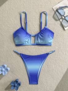 Swim SXY 2 件女式渐变蓝色印花纹理分体泳衣上衣和侧抽绳比基尼泳裤套装，适合海滩、游泳池、所有年龄段、全年穿着 - 藍色 - 查看 7