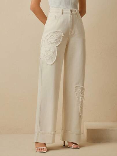 Anewsta Nuevos jeans rectos azules de mujer con elegante bordado para el Día de San Valentín