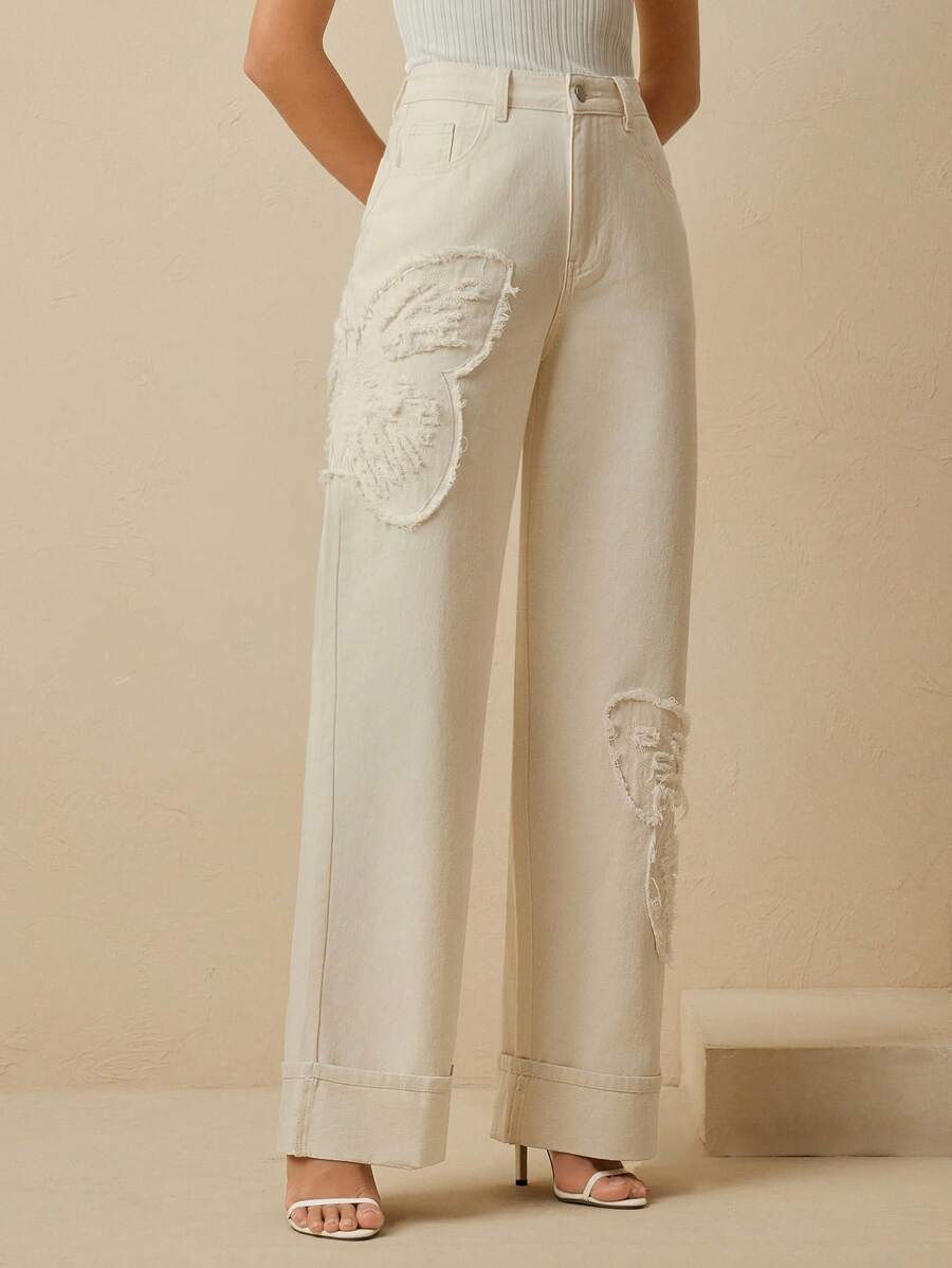 Anewsta 女士新款时尚优雅刺绣情人节派对蓝色直筒牛仔裤