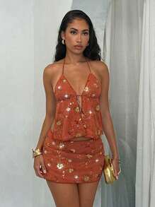 Glamine 2 Stücke/Set orangefarbene Pailletten Badeort-Stil Outfits Party-Outfits für Frauen, Damen Sommer Kleidung Shorts für Frauen, Damen Zweiteiler Outfits Strandoutfits für Frauen, Badeort-Kleidung Strandoutfits für Frauen, Tea Party Outfit