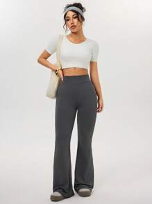 SHEIN Sport Studio Women's High Waist Solid Color Flare Leg Workout Pants For Everyday Wear Yoga Pants Flare Yoga Dress Pants Yoga Flare Pants Grey Yoga Pants Leggings Flared