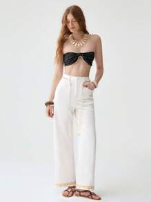 Florisole 波西米亚风格高腰直筒修身刺绣裤，百搭