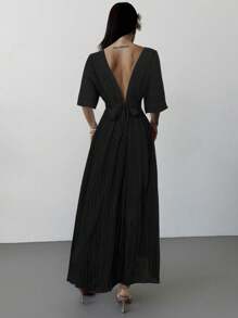 Firerie 女式 V 领波西米亚风蝙蝠袖连衣裙，节日连衣裙，亚麻风格连衣裙，适合通勤、优雅、性感、假日、海滩、波西米亚风、夏威夷风、音乐节 - 黑色 - 查看 2