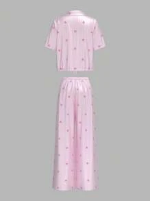 SHEIN Tall 2件套女士粉色蝴蝶结印花条纹短袖上衣和宽松裤子缎面睡衣套装 - 彩色 - 查看 9