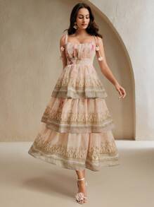 Anewsta Damen A-Linien Kleid im Urlaubsstil mit schmalem Schnitt, 3-lagig, mit Blumen-Trägern, Vielblumenmuster