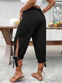 EMERY ROSE Plus Size High Waist Draw String Capri Pants, Spring & Summer - Black - View 3