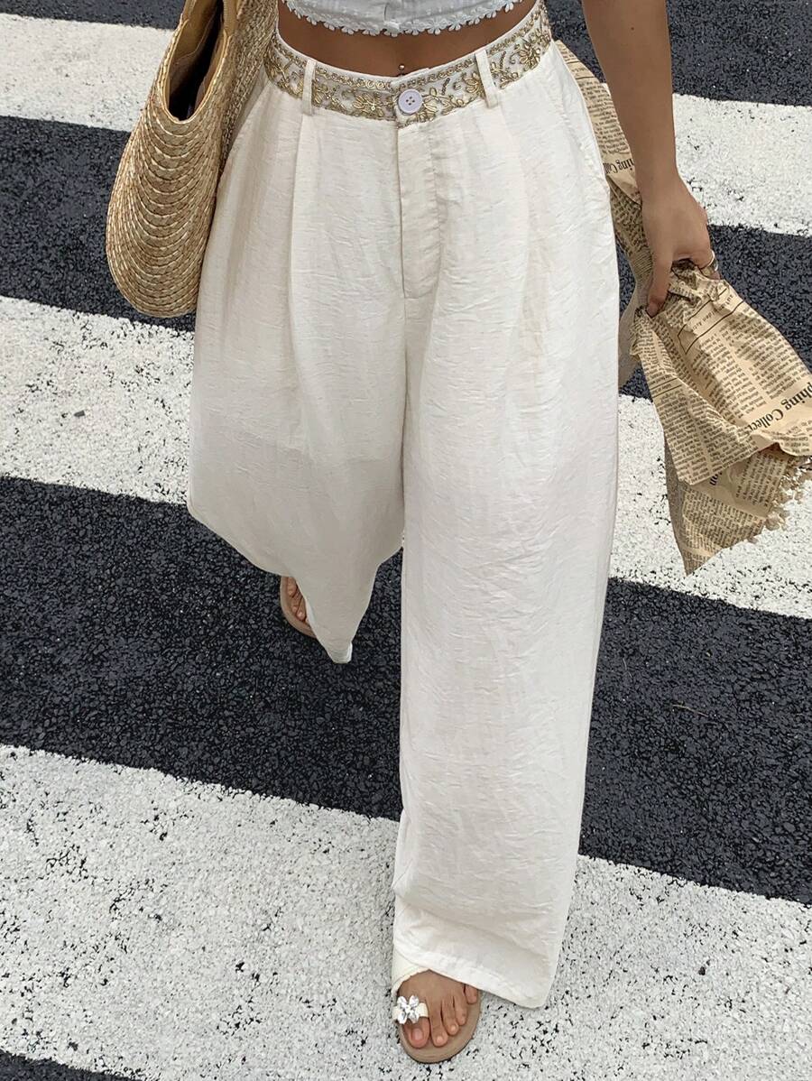 Livesso Women's Summer Solid Color Ribbon Decor Elastic Waist Loose Casual Long Pants - White - View 1